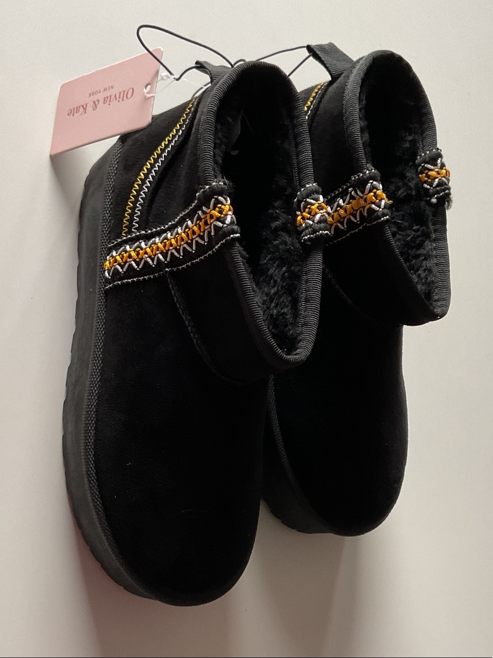 Black Slip-On Boots with Golden Yellow threading - Olivia & Kate NWT